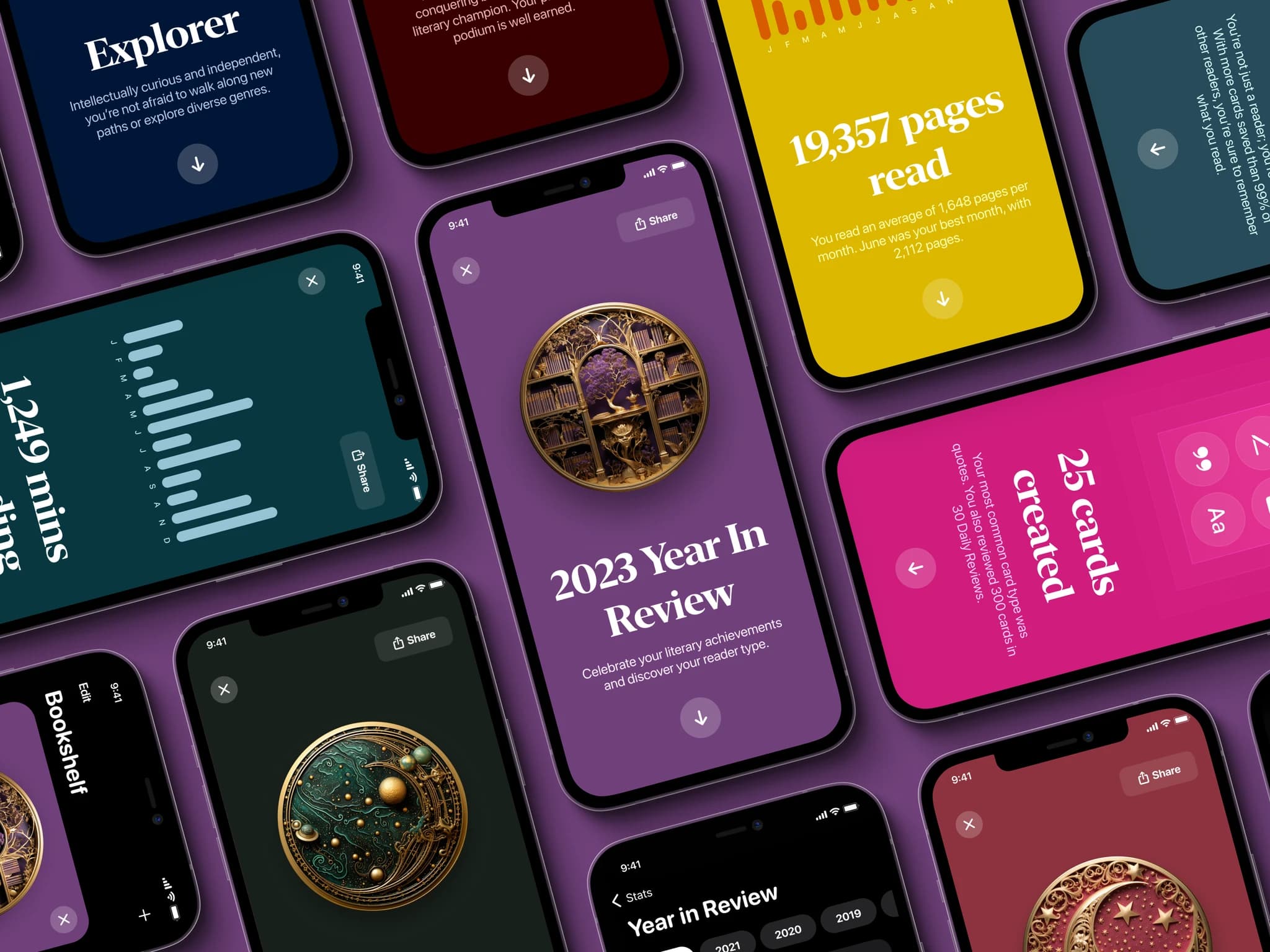 Bookshelf 2023 Year in Review feature showing various colorful phone mockups with reading statistics