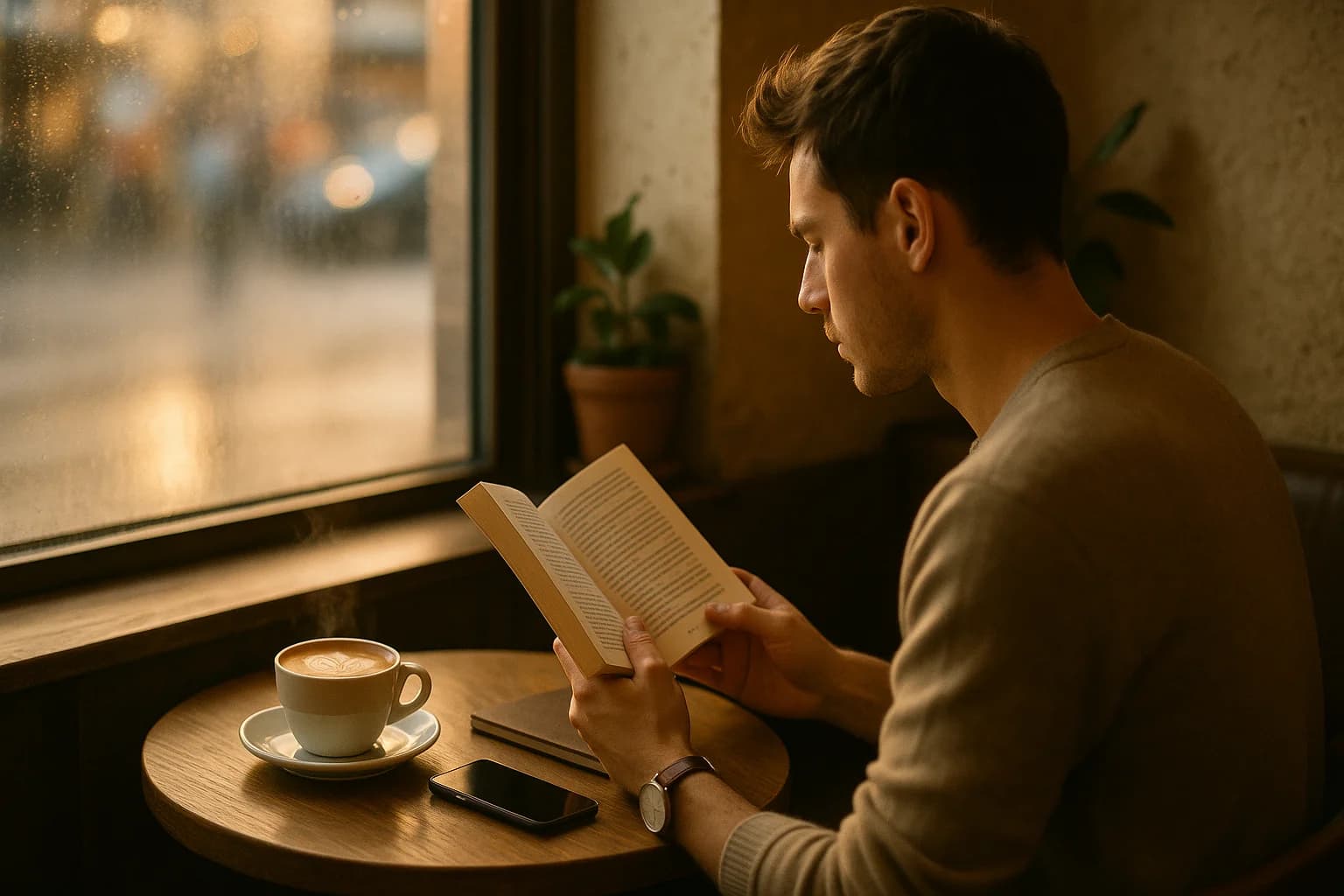 Person reading a book during a coffee break, illustrating micro-reading in daily life