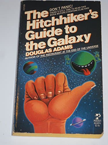 Book cover for The Hitchhiker's Guide to the Galaxy by Douglas Adams