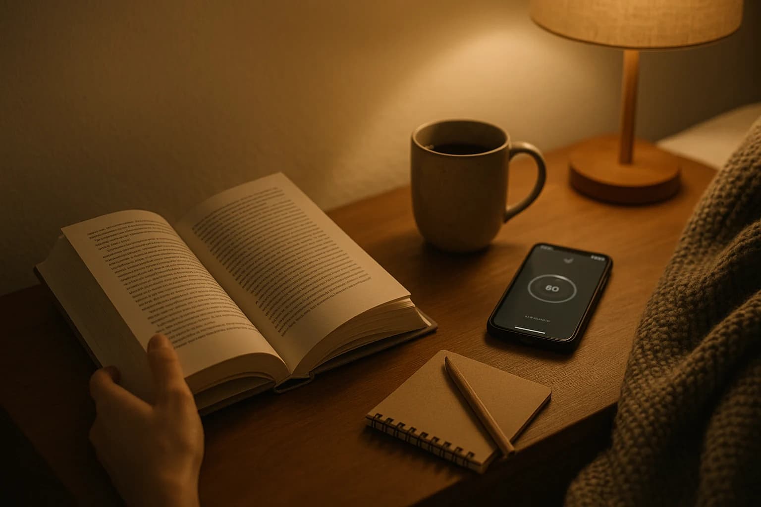 Person reading a book in a cozy environment with coffee, demonstrating consistent reading habits